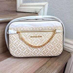 NWT Michael Kors Jet Set Large Metallic Logo Jacquard Crossbody Bag